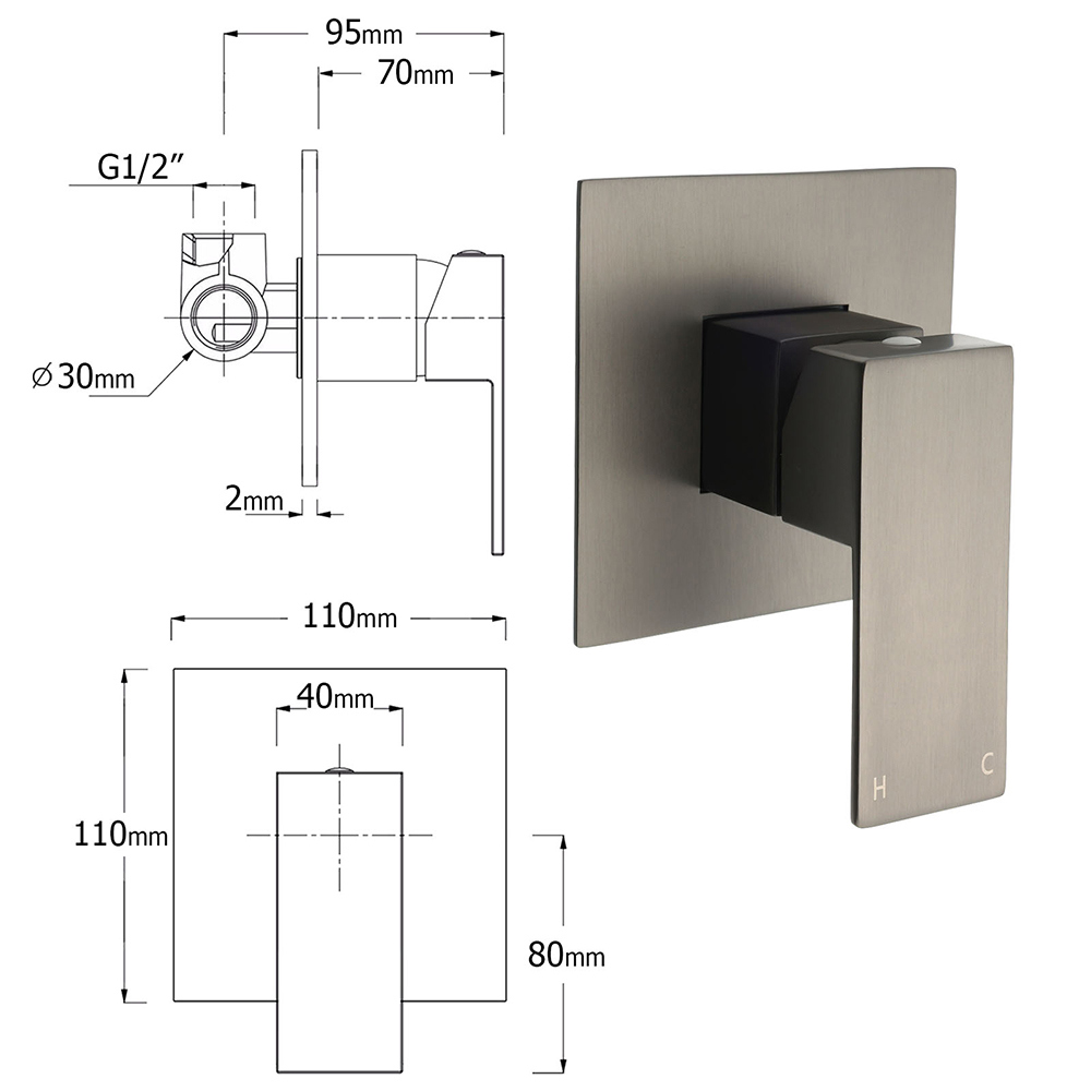 WELS Gun Metal Double Square Shower Head Set 10