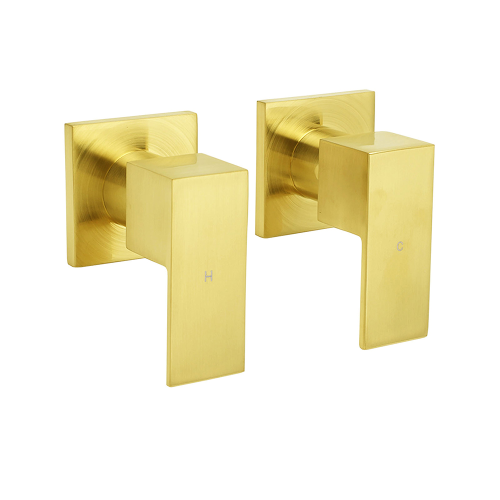 Brushed Gold Square 1/4 Turn Twin Taps Brass For Shower Head Wall Mounted Spout - Image 1