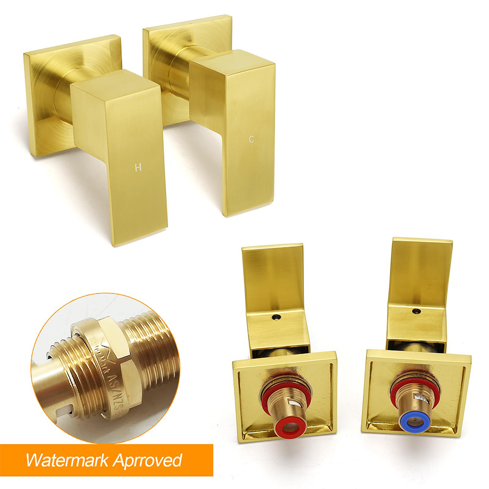 Brushed Gold Square 1/4 Turn Twin Taps Brass For Shower Head Wall Mounted Spout - Image 3