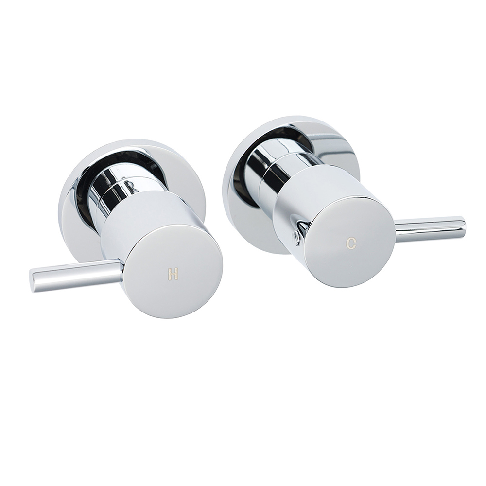 Chrome Brass 1/4 Turn Round Hot Cold Tap Pair Wall Set For Bathroom Shower Vanity Spout - Image 1