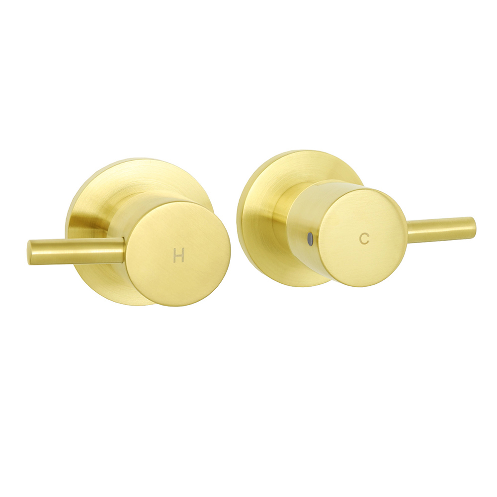 Brushed Gold Brass 1/4 Turn Round Hot Cold Tap Wall Set For Shower Vanity Spout - Image 1