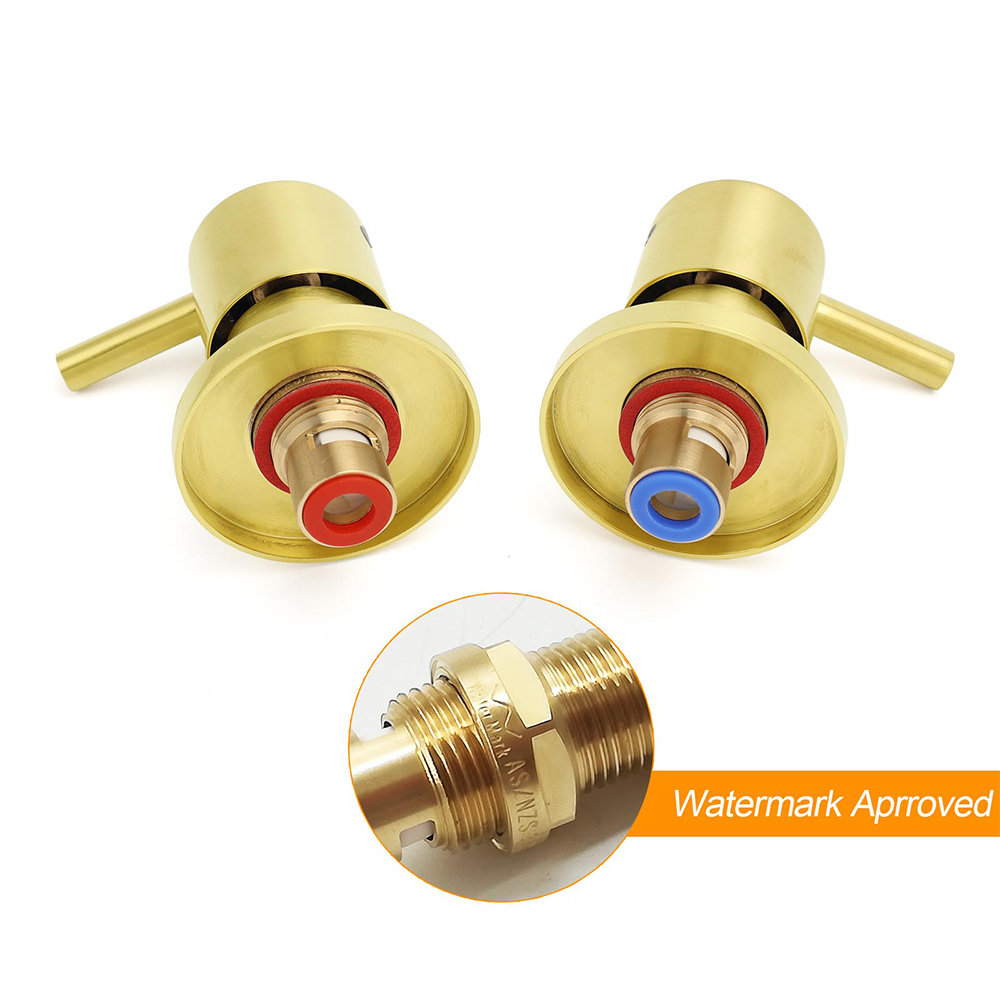 Brushed Gold Brass 1/4 Turn Round Hot Cold Tap Wall Set For Shower Vanity Spout - Image 3