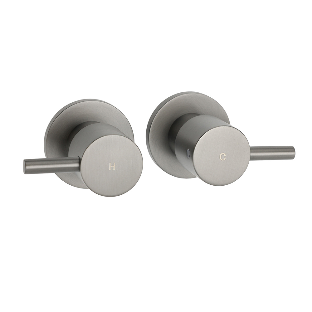 Gun Metal Grey Brass 1/4 Turn Round Hot Cold Tap Wall Set For Shower Vanity Spout - Image 1