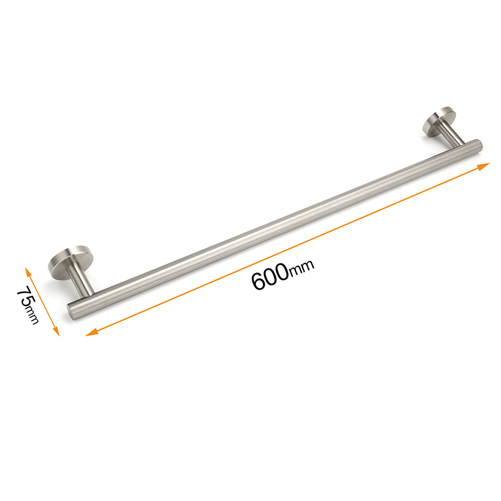 Brushed Nickel 600mm Single Towel Rack Rail Holder Round Hanger Bar Wall Mounted - Image 2