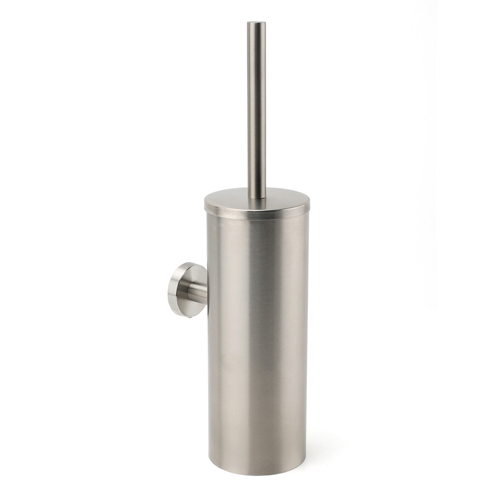 Brushed Nickel Silver Round Toilet Brush Stainless Steel Wall Mounted Holder Cup - Image 1