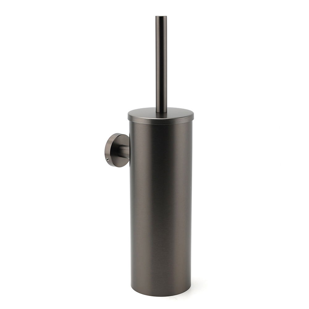 Bathroom Accessory Gun Metal Round Toilet Brush & Stainless Steel Holder Cup Kit - Image 1