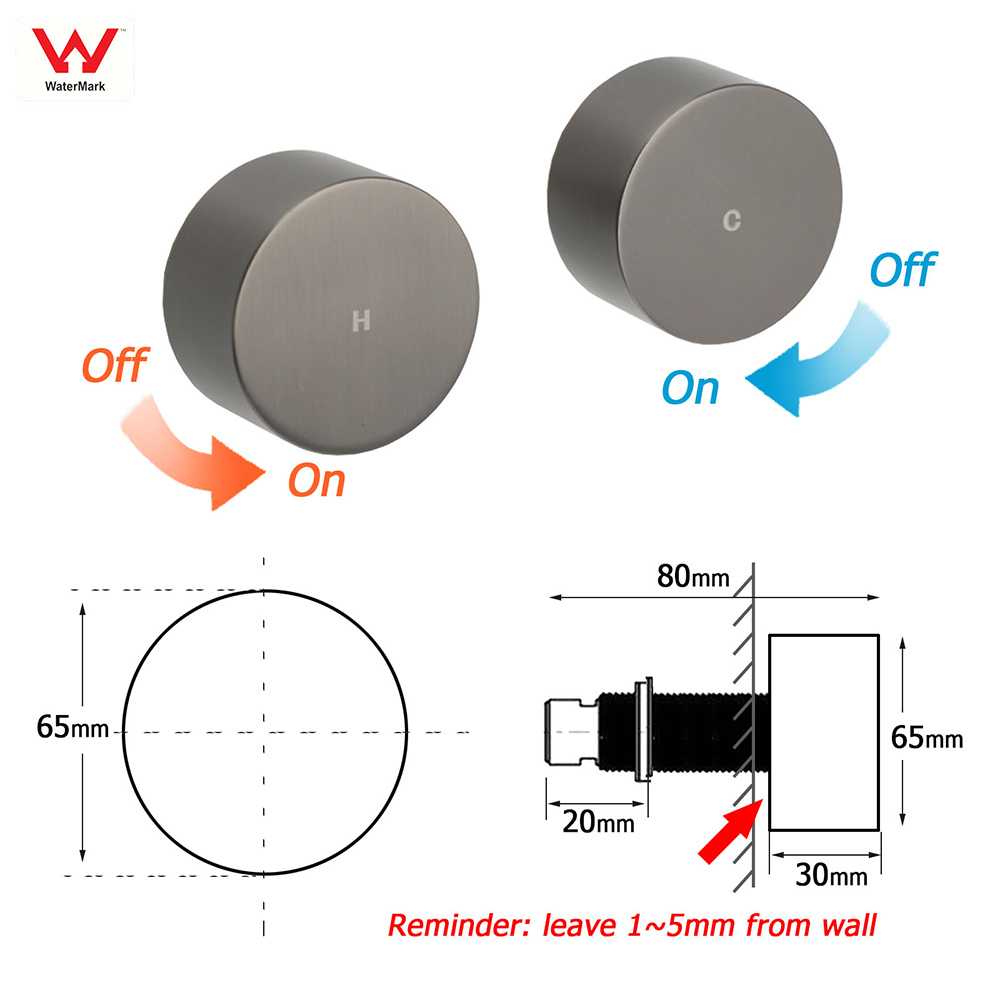 Gun Metal Grey 1/4 Turn Round Hot Cold Tap Wall Set Shower Vanity Spout Switch - Image 2