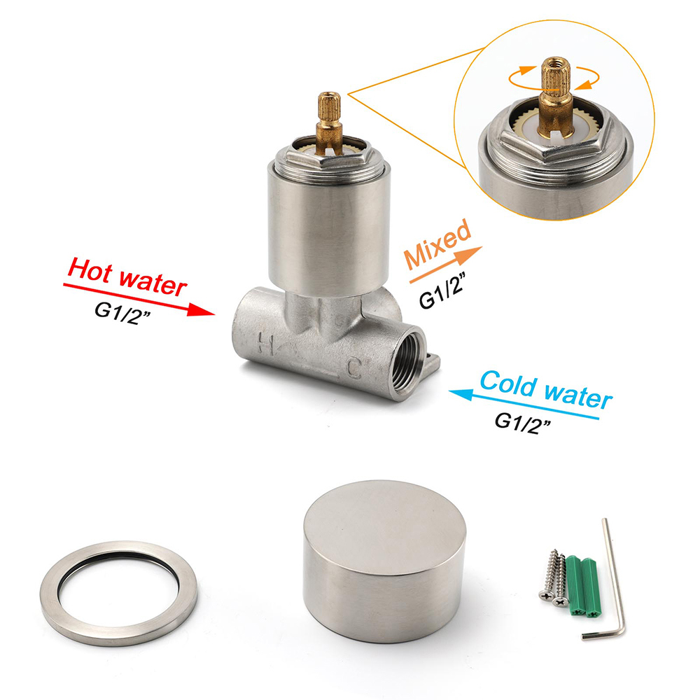 Brushed Nickel Bath Shower Mixer Round 1/4 Knob Hot Cold Tap Cartridge Spindle - Image 4