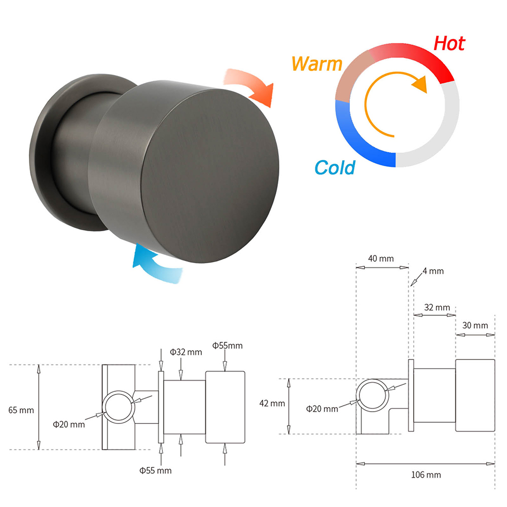 Gun Metal Round 1/4 Knob Handle Wall Mounted Shower Hot Cold Water Mixer Tap Kit - Image 2