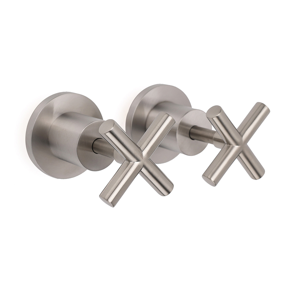 Brushed Nickel 1/4 Turn Twin Shower Taps Set Hot Cold Water Control Vanity Mixer - Image 1