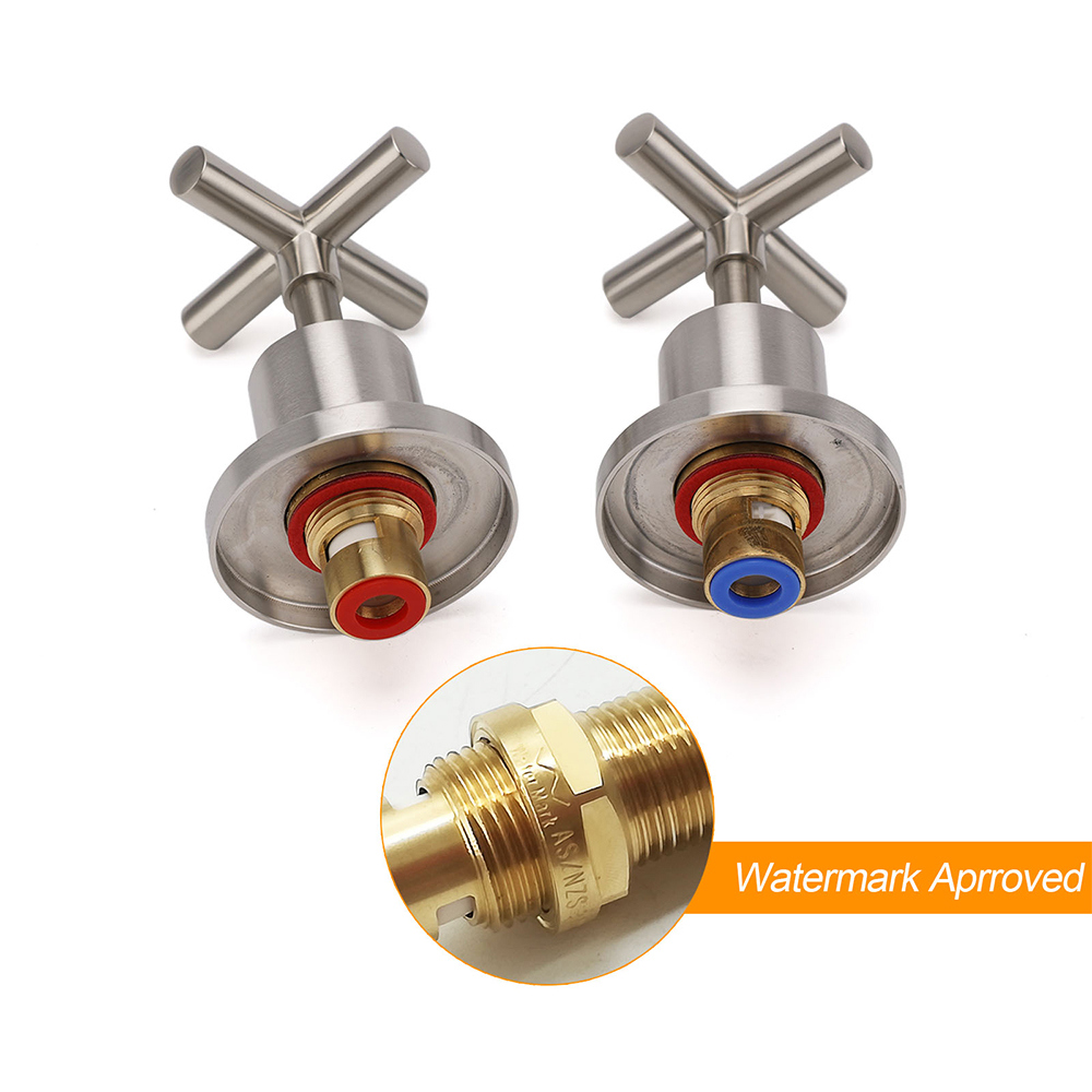 Brushed Nickel 1/4 Turn Twin Shower Taps Set Hot Cold Water Control Vanity Mixer - Image 3