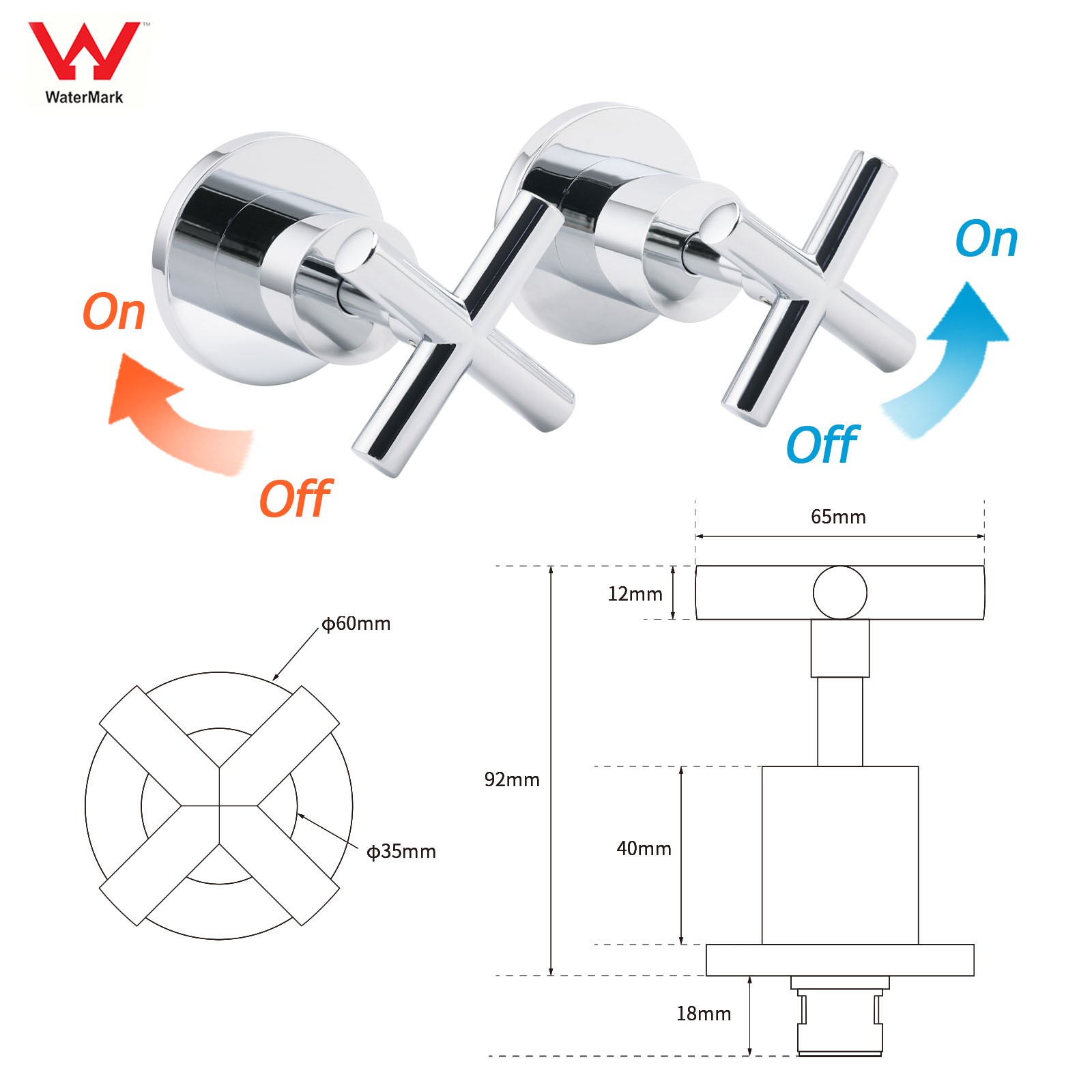 Mirror Chrome 1/4 Turn Twin Taps Hot Cold Water Control Mixer For Bath Spout Set - Image 2