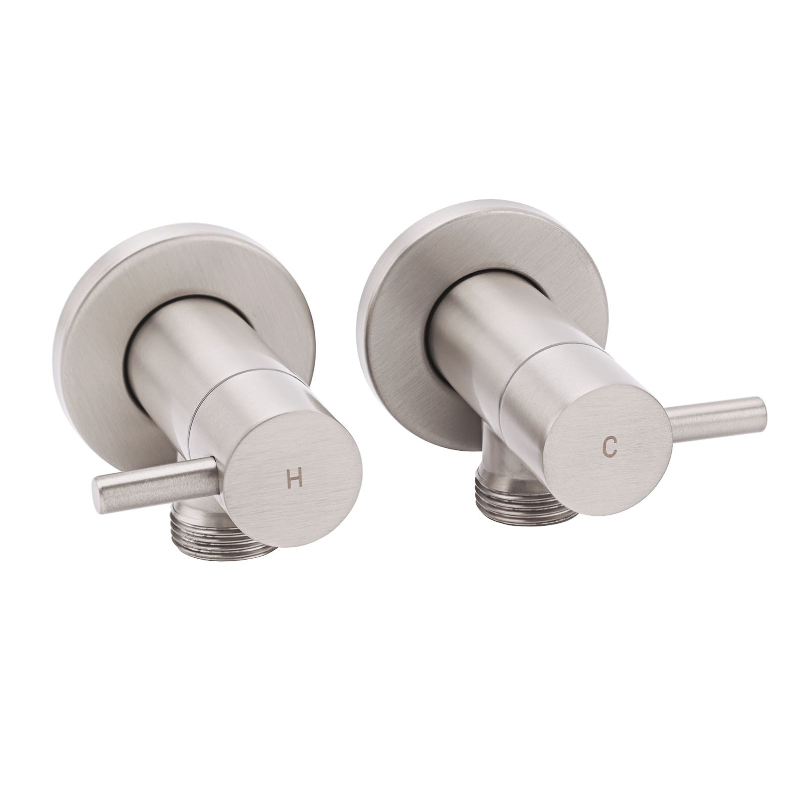 Brushed Nickel 1/4 Turn Twin Washing Machine Tap Set Wall Mounted Hot Cold Valve - Image 1