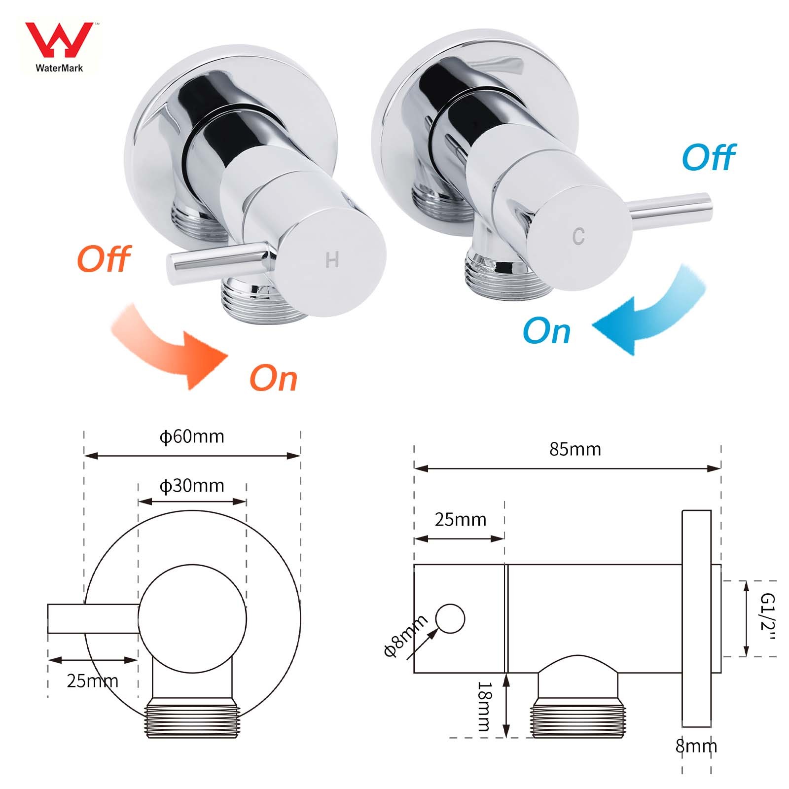 Chrome Round Wall Mounted 1/4 Turn Hot Cold Tap Pair Set For Washing Machine - Image 2