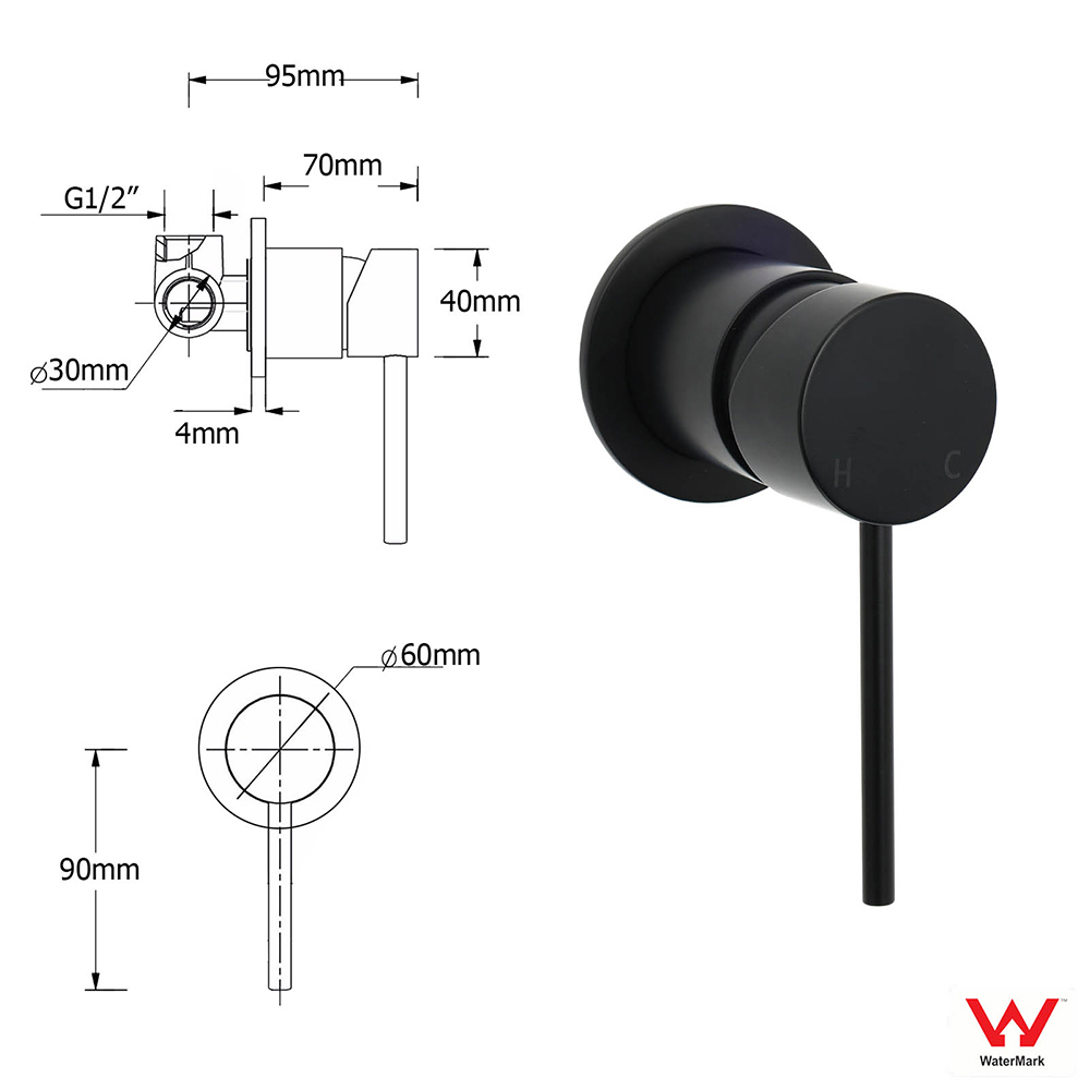 Watermark Matt Black Round Bath Shower Mixer Valve Hot Cold Water Tap Small Face - Image 2