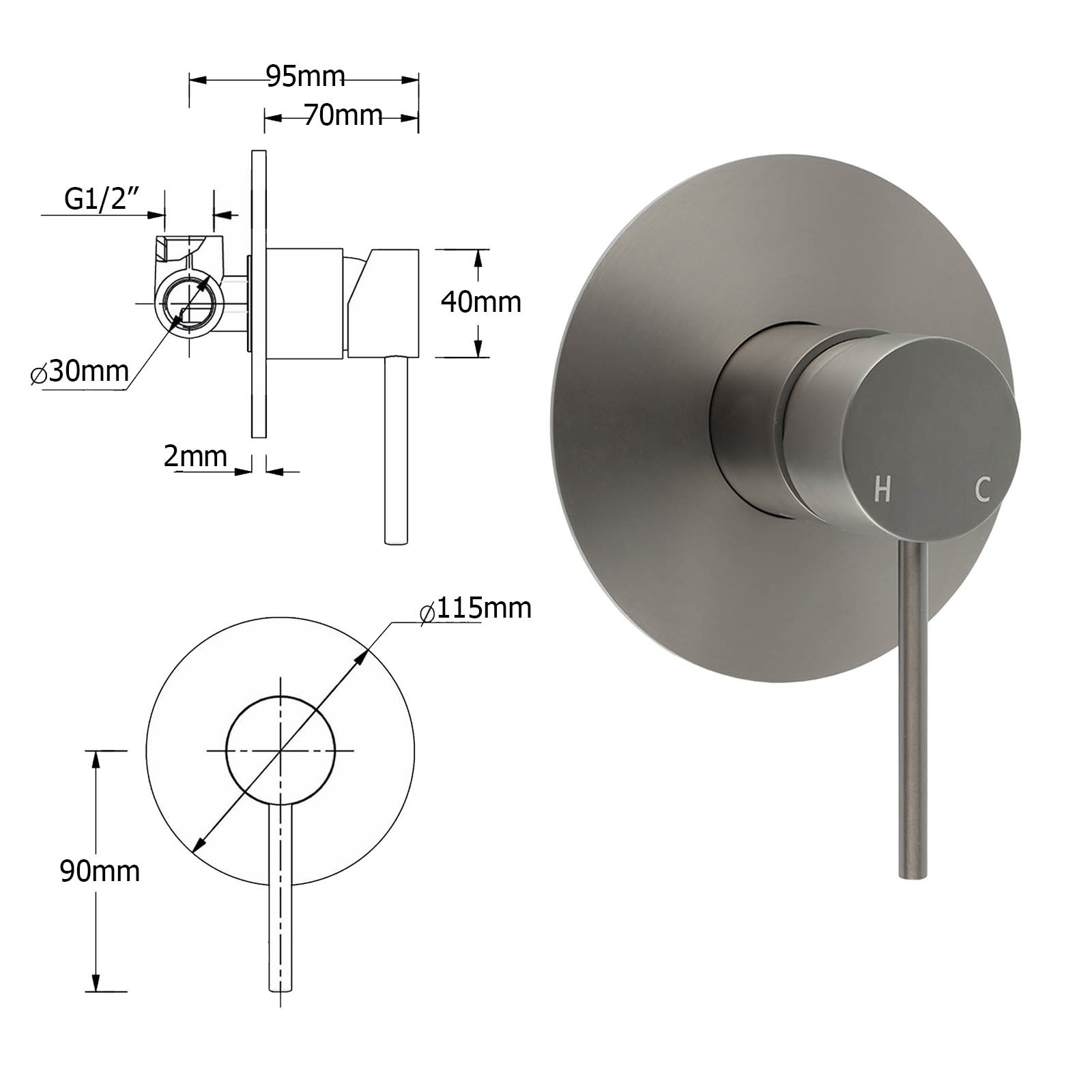 Watermark Gun Metal Grey Round Bathroom Shower Hot Cold Mixer Ceramic Cartridge - Image 2