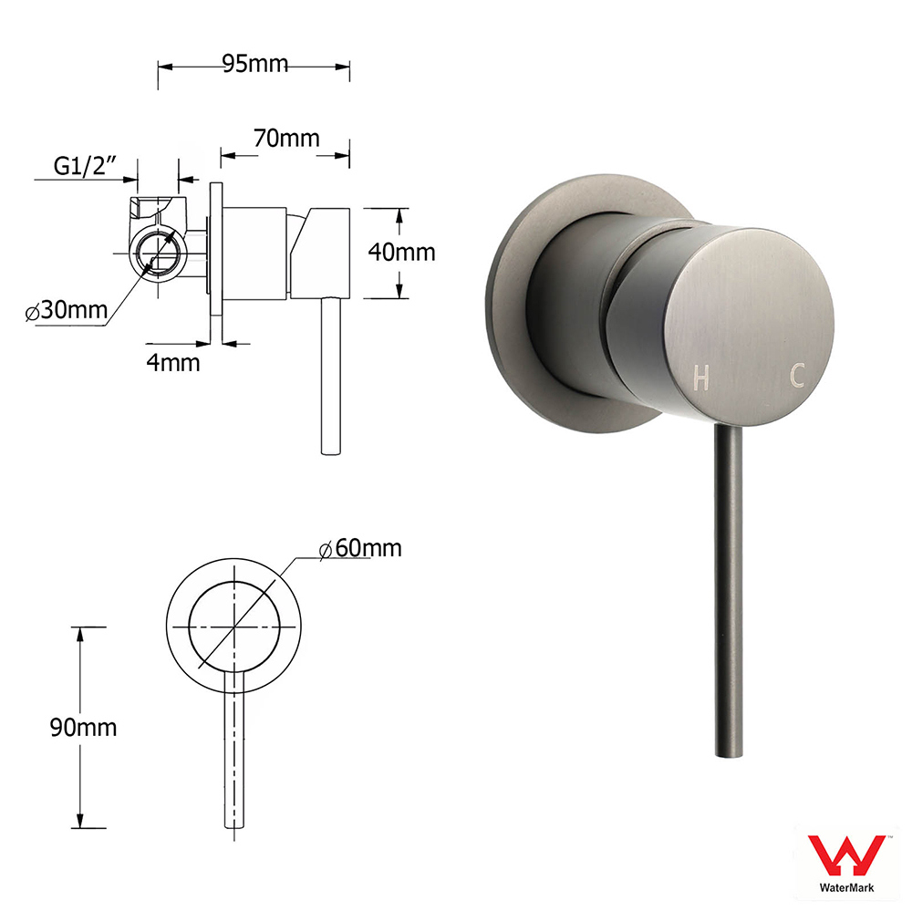 Gun Metal Round Small Face Wall Shower Mixer Hot Cold Bath Tap Valve Cartridge - Image 2