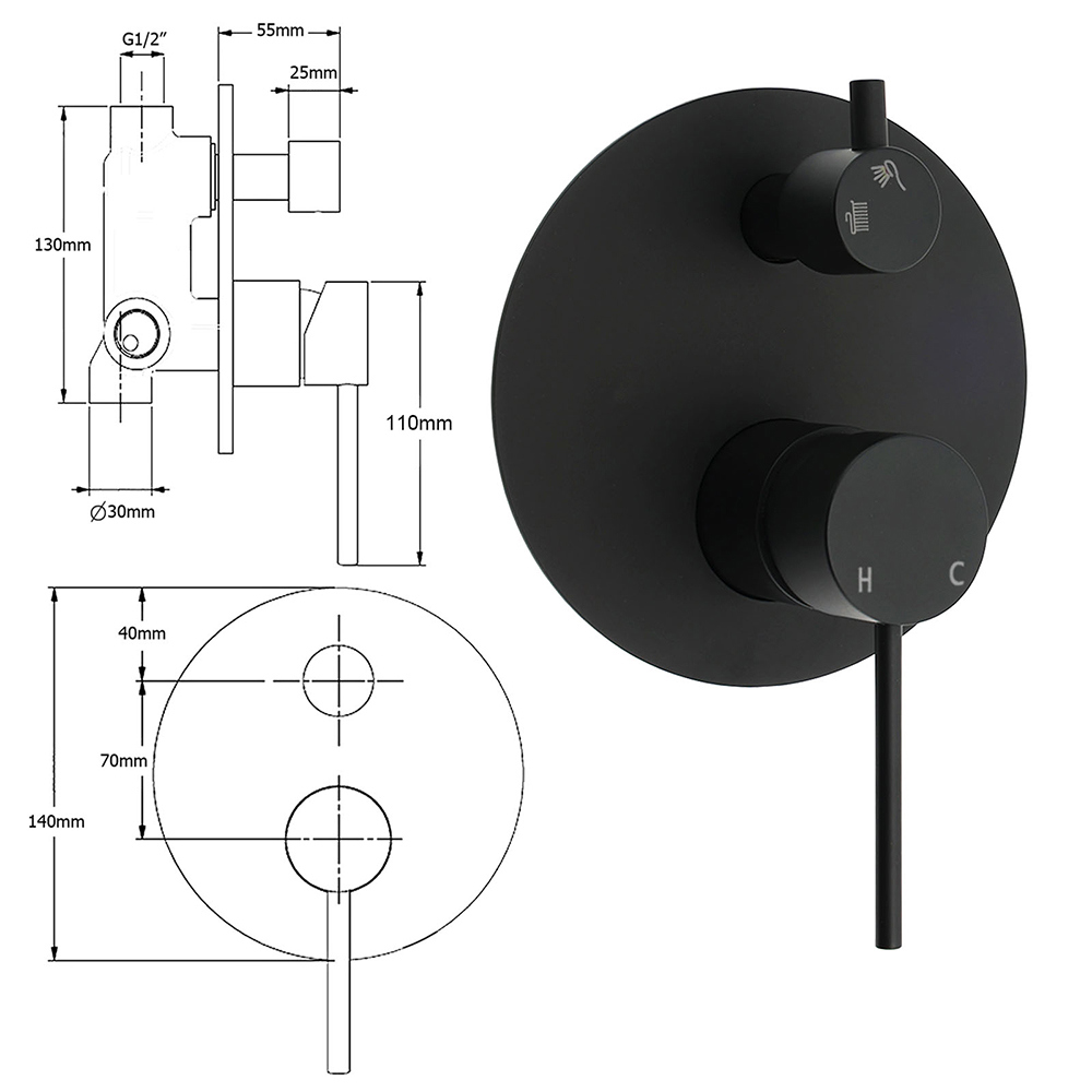 Stainless Steel Black Round Shower Mixer Diverter Lead Free Healthy For Bath Set - Image 2