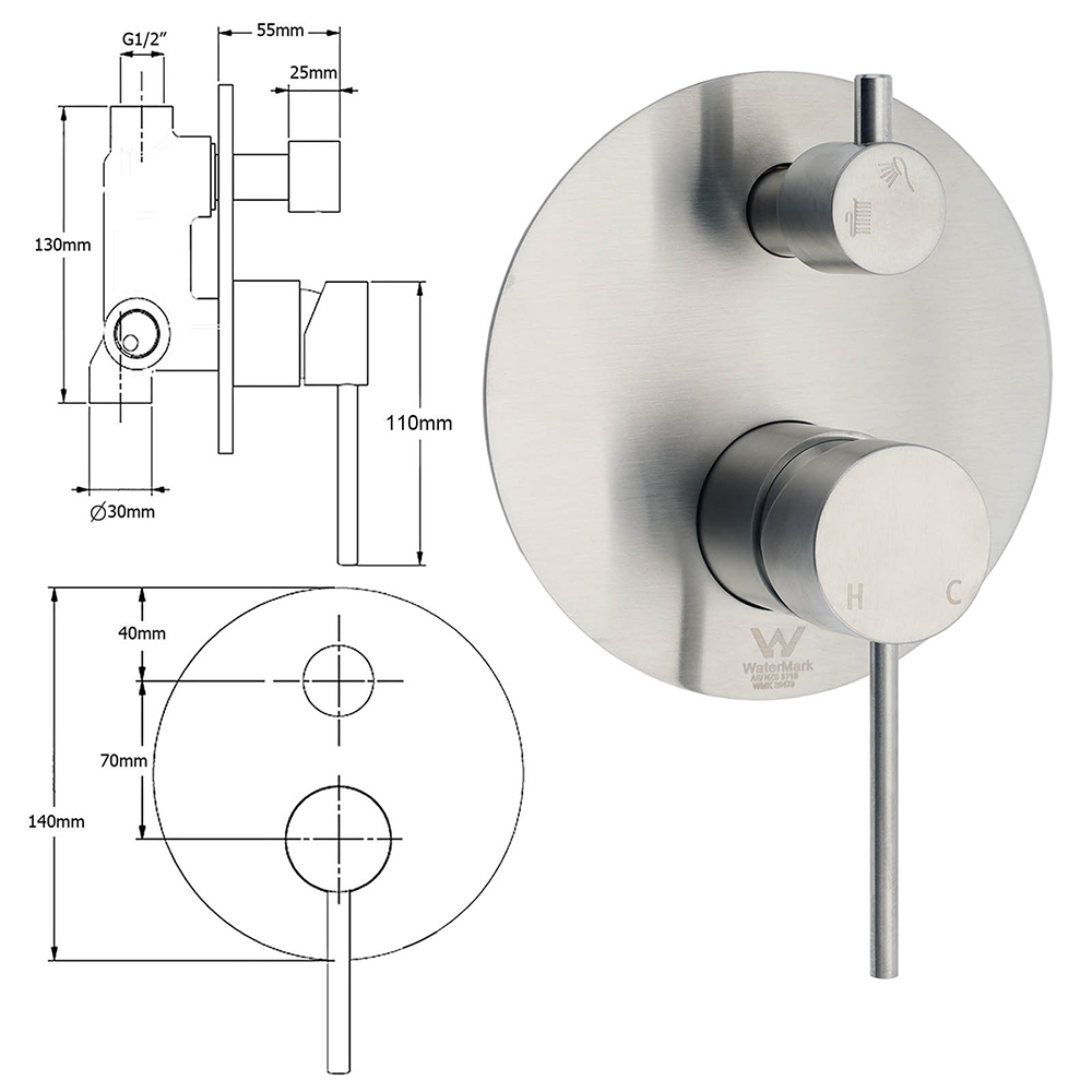 AU Round Stainless Steel Shower Mixer Diverter Brushed Nickel For Bathroom Sets - Image 2