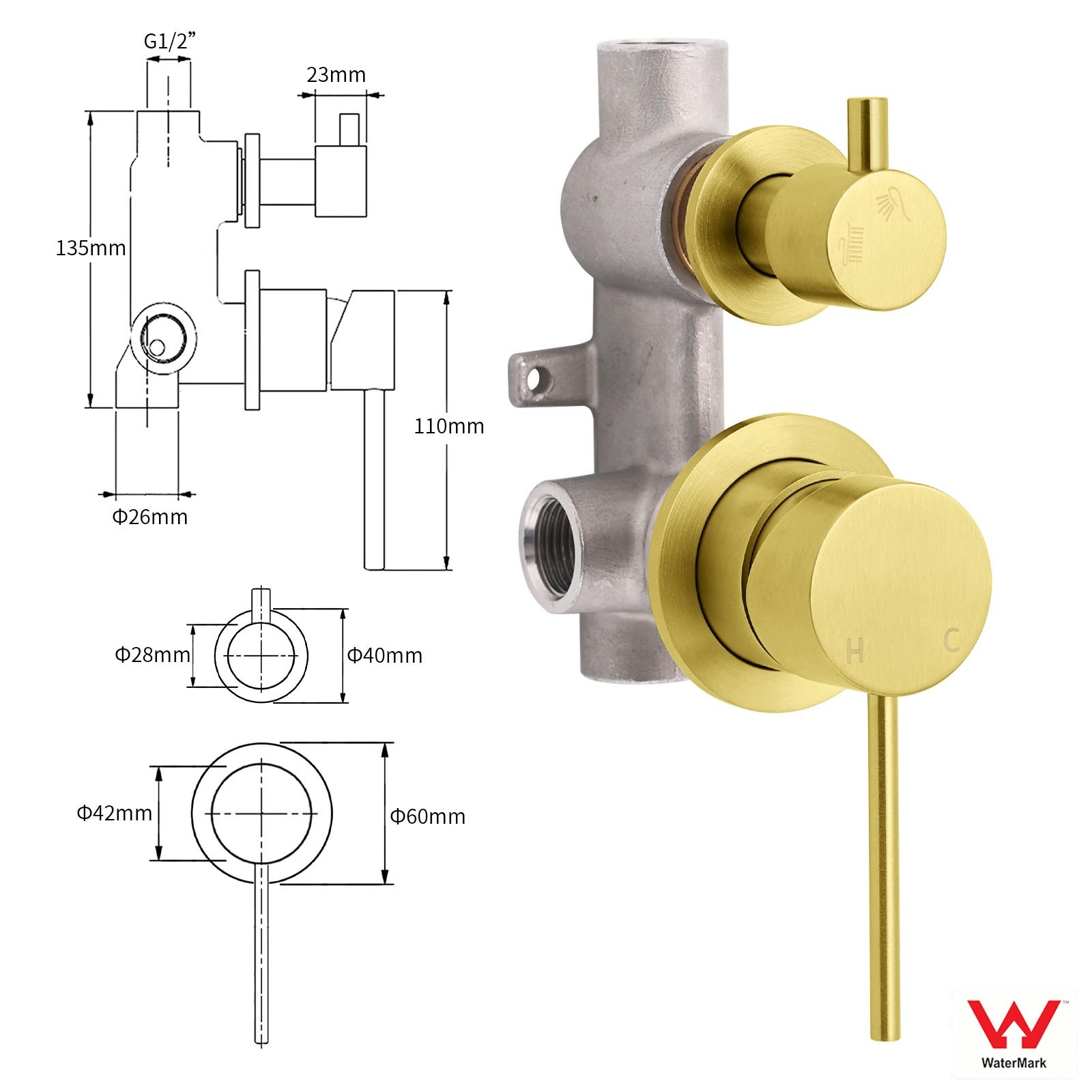 Concealed Round Brushed Gold Wall Shower Mixer 2 Way Diverter Valve For Bathroom - Image 2