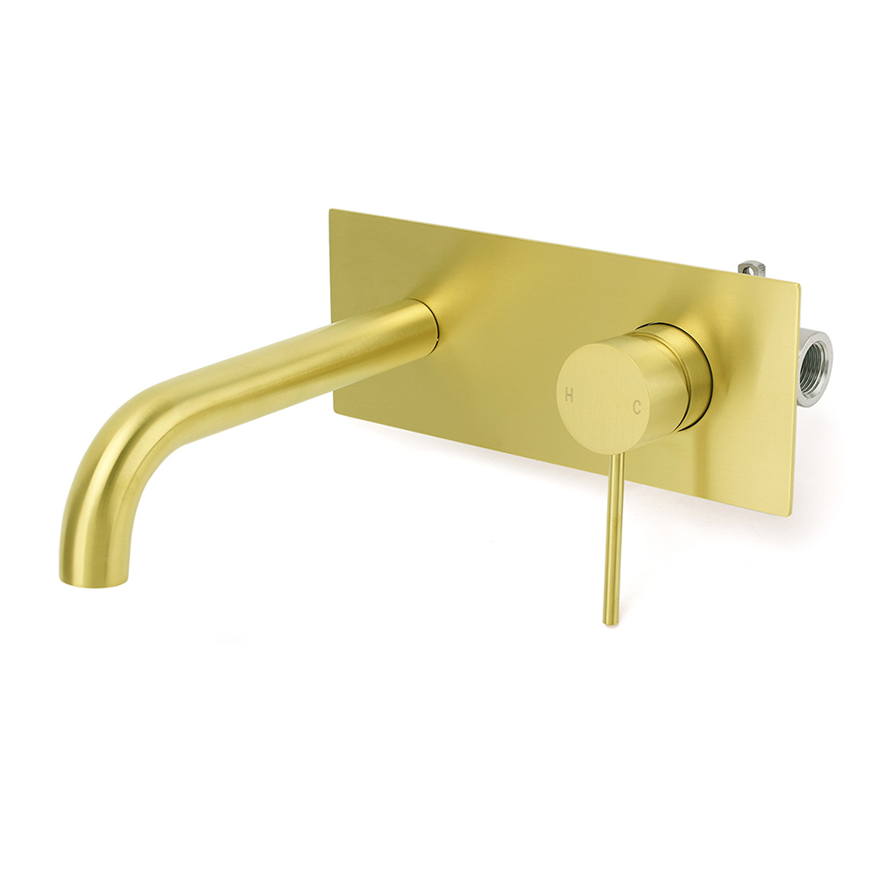 Brushed Gold Round Wall Mounted Basin Mixer Vanity Sink Tap Faucet Curve Spout - Image 1