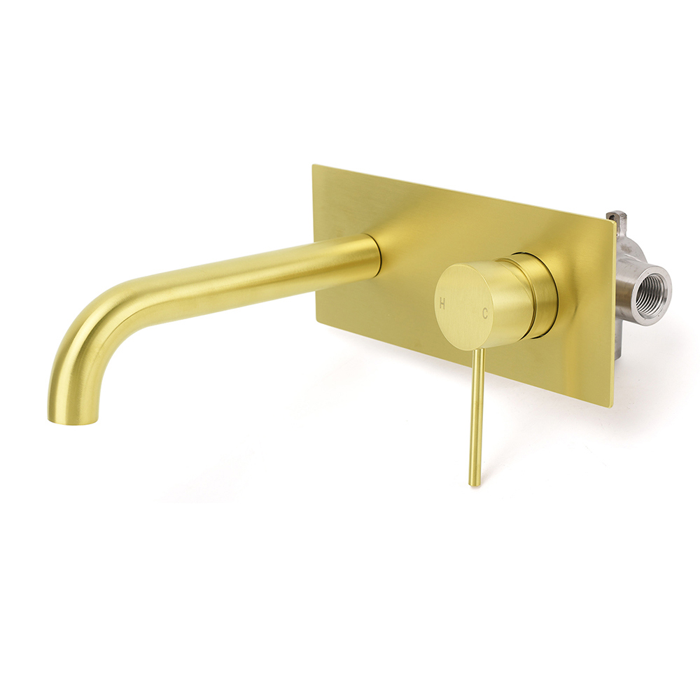 WELS Bathroom Round Wall Basin Mixer Vanity Sink Tap Spout Faucet Brushed Gold - Image 2
