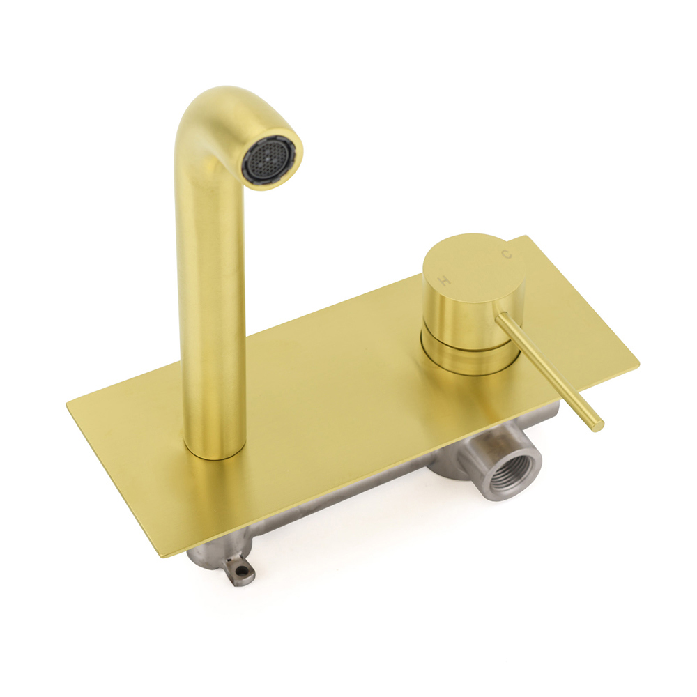 WELS Bathroom Round Wall Basin Mixer Vanity Sink Tap Spout Faucet Brushed Gold - Image 4