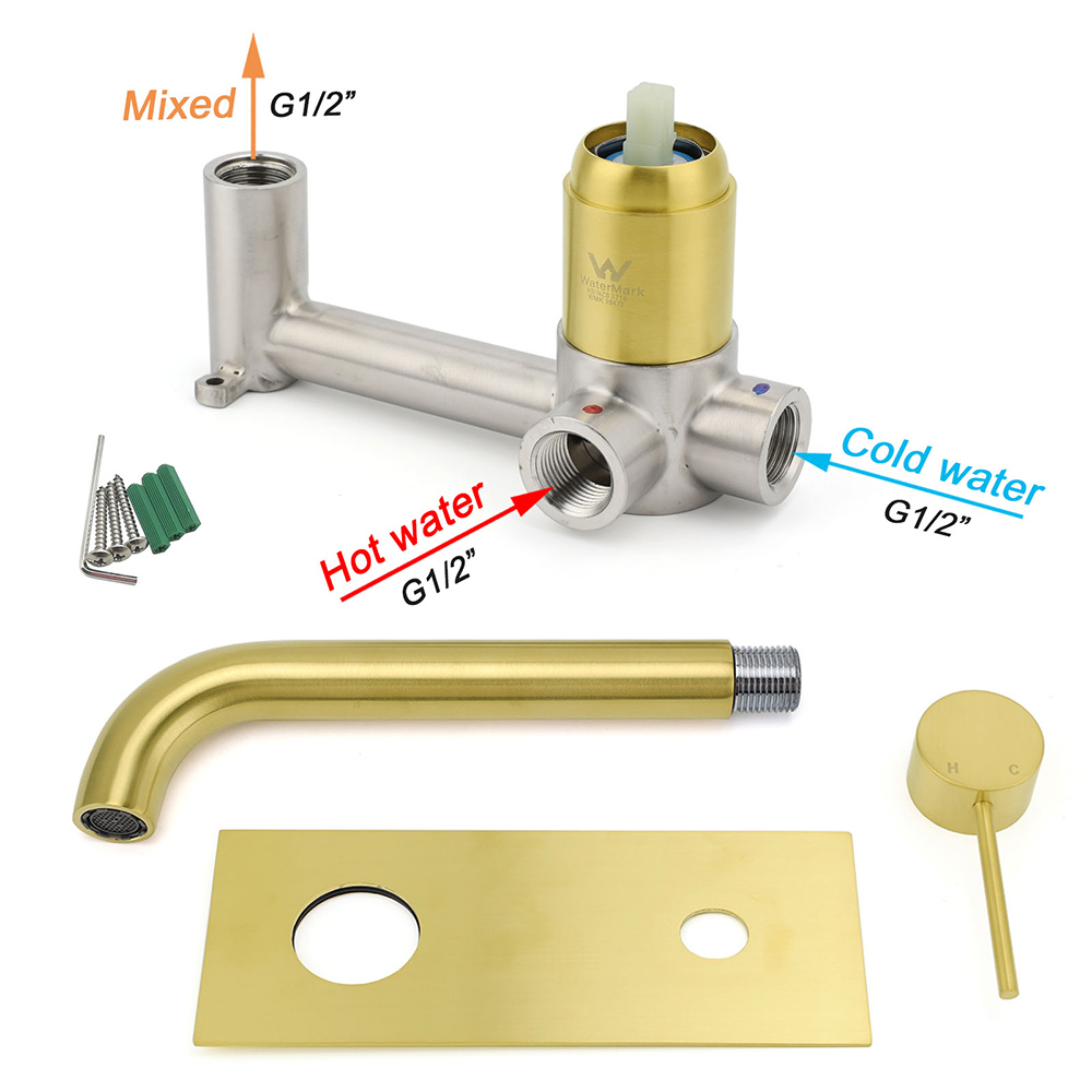 WELS Bathroom Round Wall Basin Mixer Vanity Sink Tap Spout Faucet Brushed Gold - Image 7