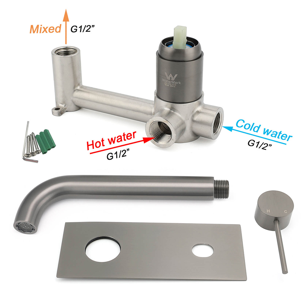 WELS Gun Metal Round Wall Basin Mixer Vanity Sink Tap Hot Cold Faucet Spout - Image 7