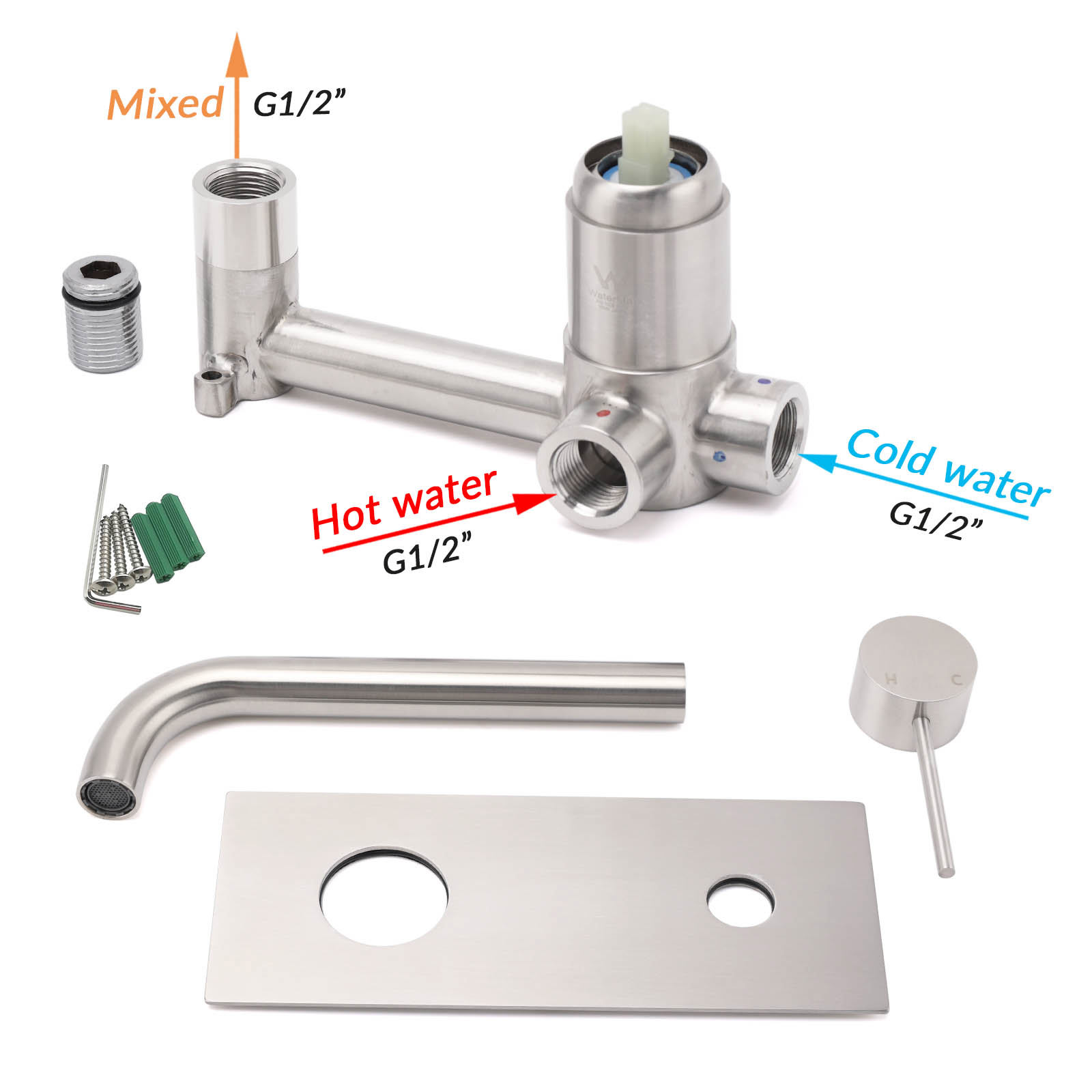 WELS Round Wall Mounted Basin Vanity Mixer Bath Tub Faucet Spout Brushed Nickel - Image 7
