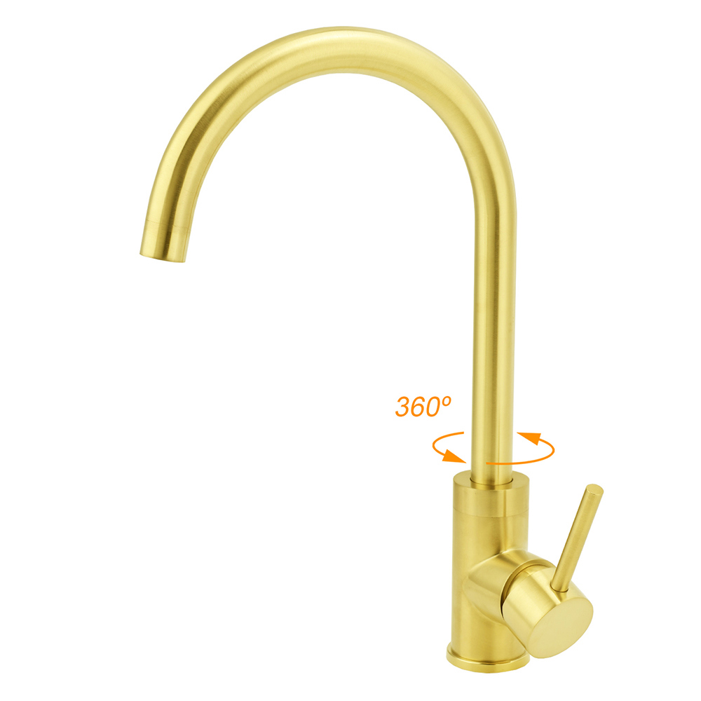 Brushed Gold Round Kitchen Mixer Sink Tap 360° Swivel Laundry Basin Faucet Spout - Image 2