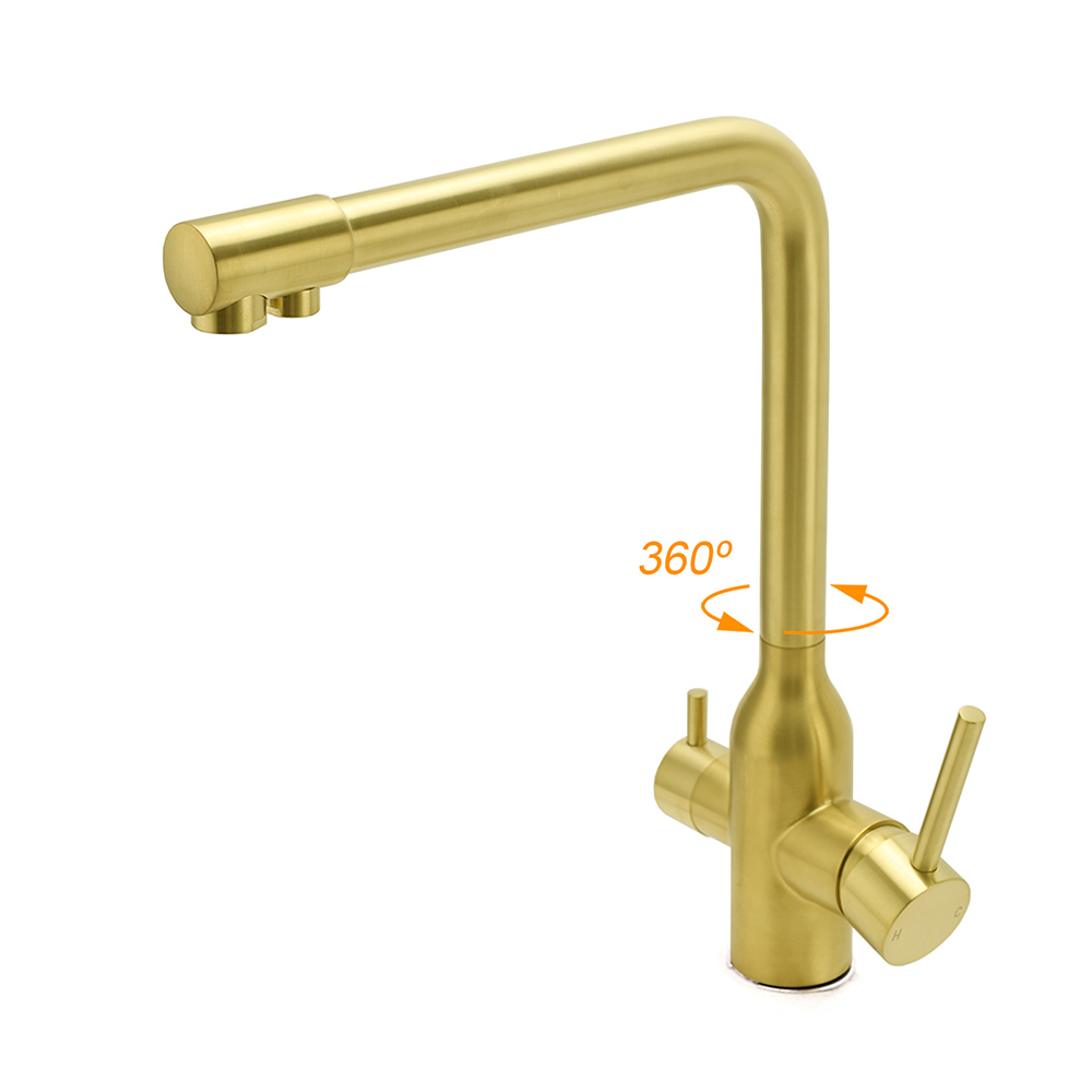 WELS Brushed Gold 3 Ways Kitchen Mixer Tap Swivel Spout Pure Water Sink Faucet Set - Image 3