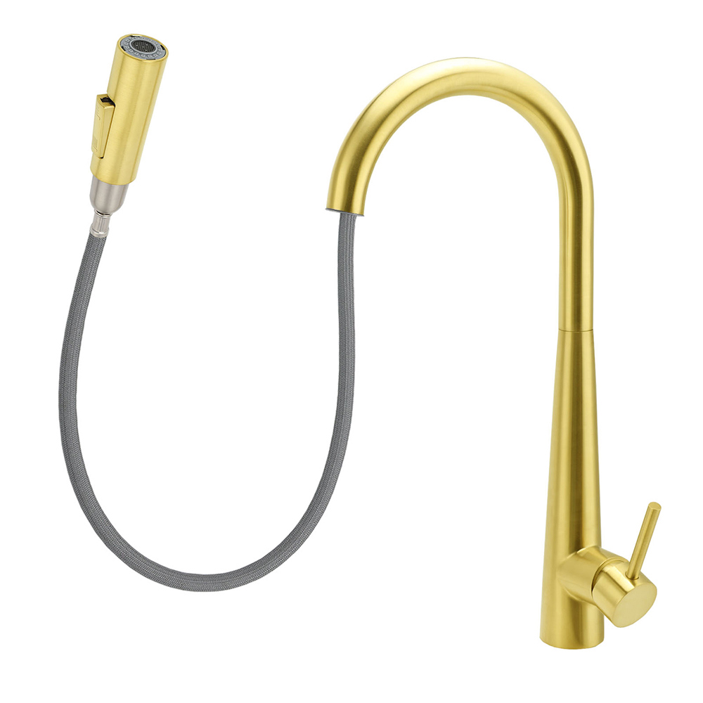 Brushed Gold Pull Out Kitchen Sink Tap Basin Mixer Faucet 2 Mode Spraying Spout - Image 2