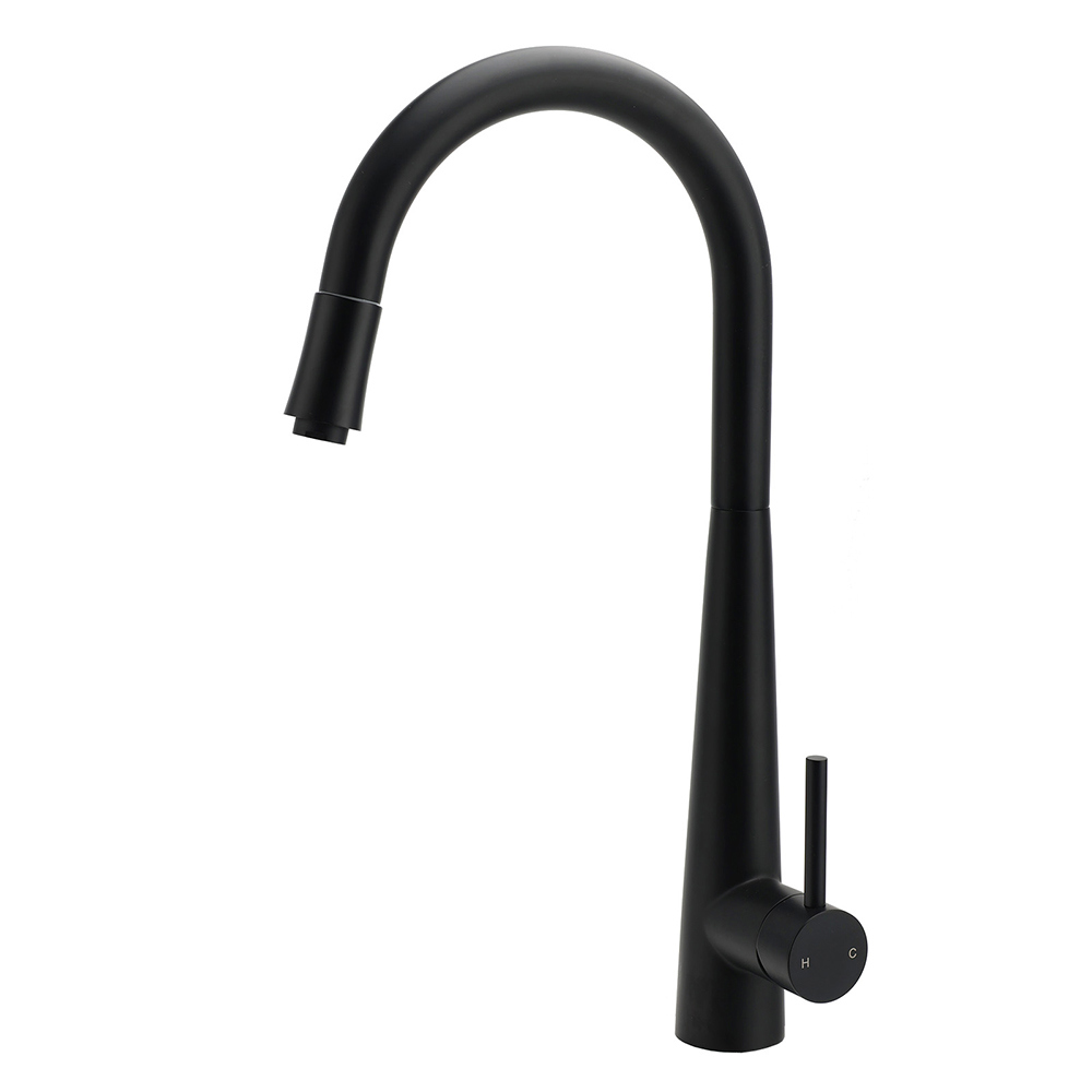 Matt Black Pull Out Long Hose Kitchen Sink Tap Round Basin Mixer Faucet Spout - Image 1