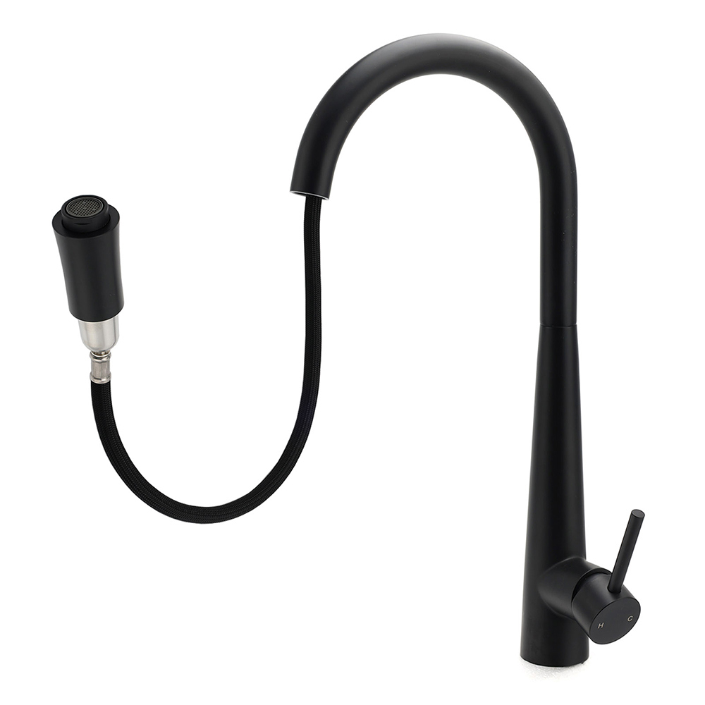Matt Black Pull Out Long Hose Kitchen Sink Tap Round Basin Mixer Faucet Spout - Image 2
