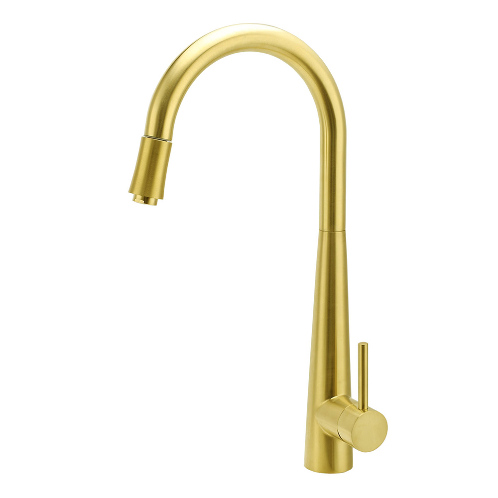 Round Brushed Gold Pull Out Kitchen Sink Tap Basin Mixer Faucet Flexible Spout - Image 1