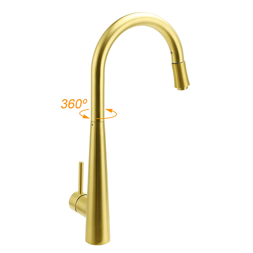 Round Brushed Gold Pull Out Kitchen Sink Tap Basin Mixer Faucet Flexible Spout - Image 3