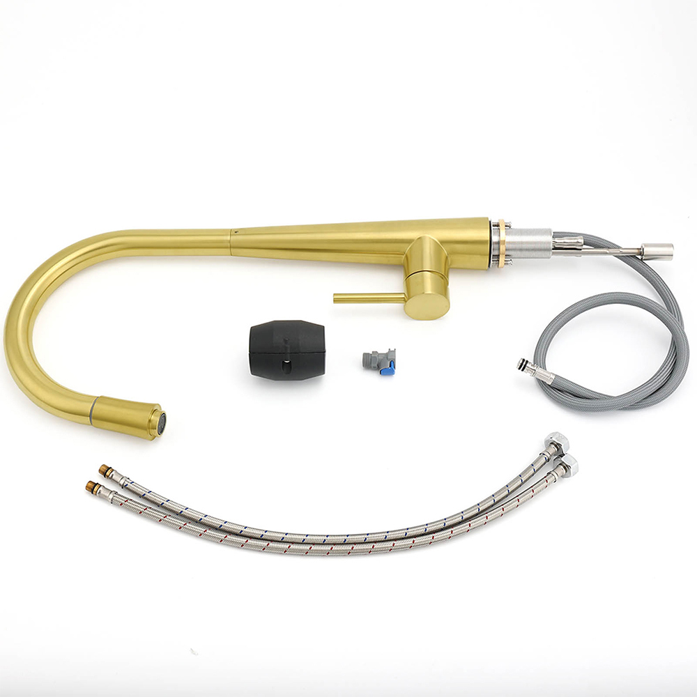 Round Brushed Gold Pull Out Kitchen Sink Tap Basin Mixer Faucet Flexible Spout - Image 7