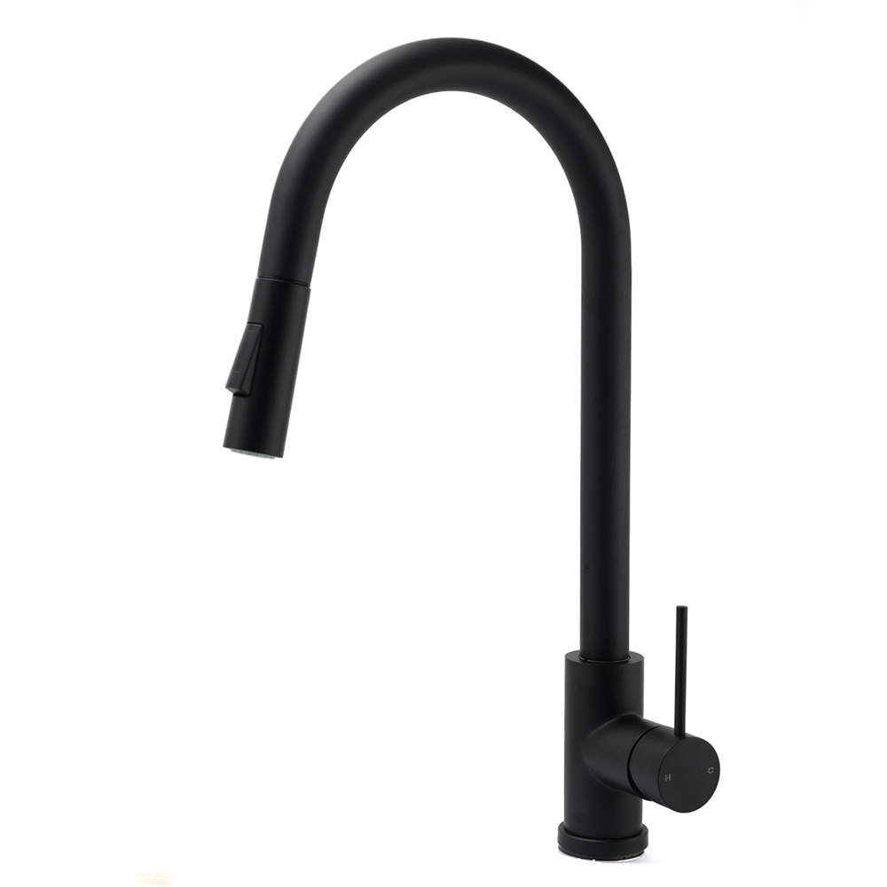 Matt Black Round Pull Out Down Kitchen Sink Tap Laundry Basin Mixer 2 Way Spout - Image 1