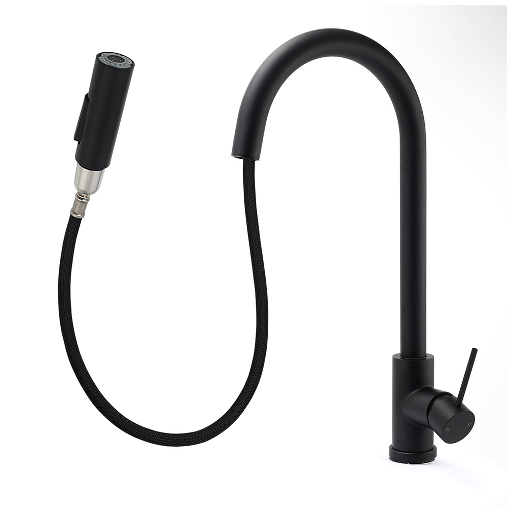 Matt Black Round Pull Out Down Kitchen Sink Tap Laundry Basin Mixer 2 Way Spout - Image 2