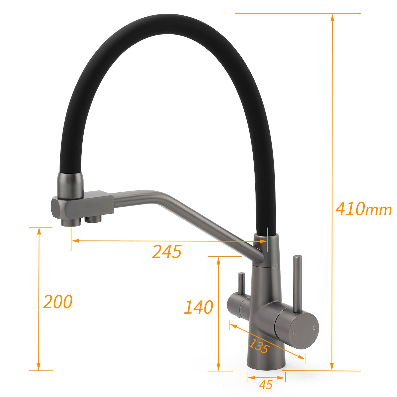 NEW Gun Metal Grey 3-Way Drink Pure Water Kitchen Mixer Pull Out Spout Sink Tap - Image 2