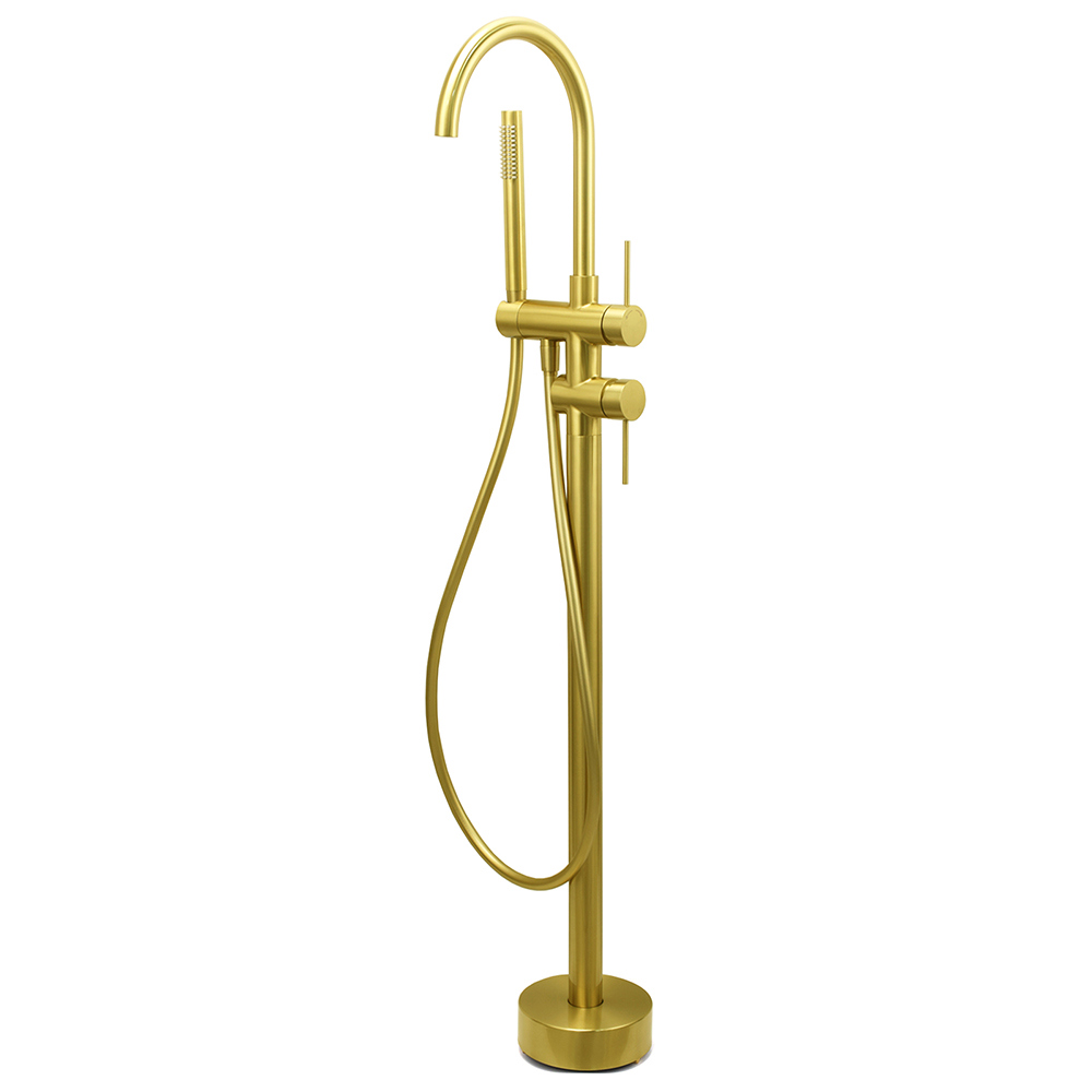 WELS Brushed Gold Bath Tub Mixer Tap Free Standing Faucet Spout Handheld Shower - Image 1