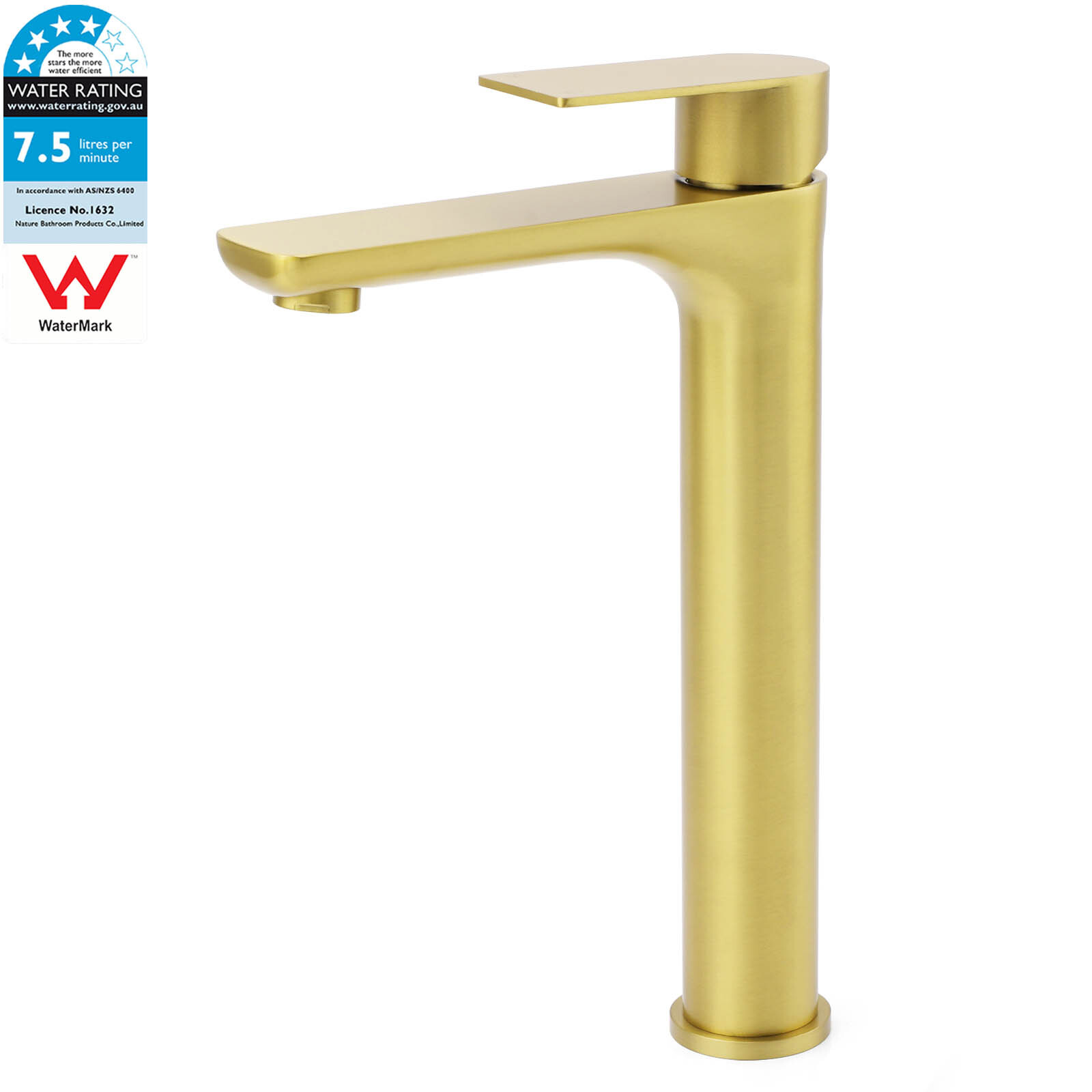 WELS Brushed Gold Round Tall Basin Mixer Bathroom Vanity Faucet Tap Lever Handle - Image 1