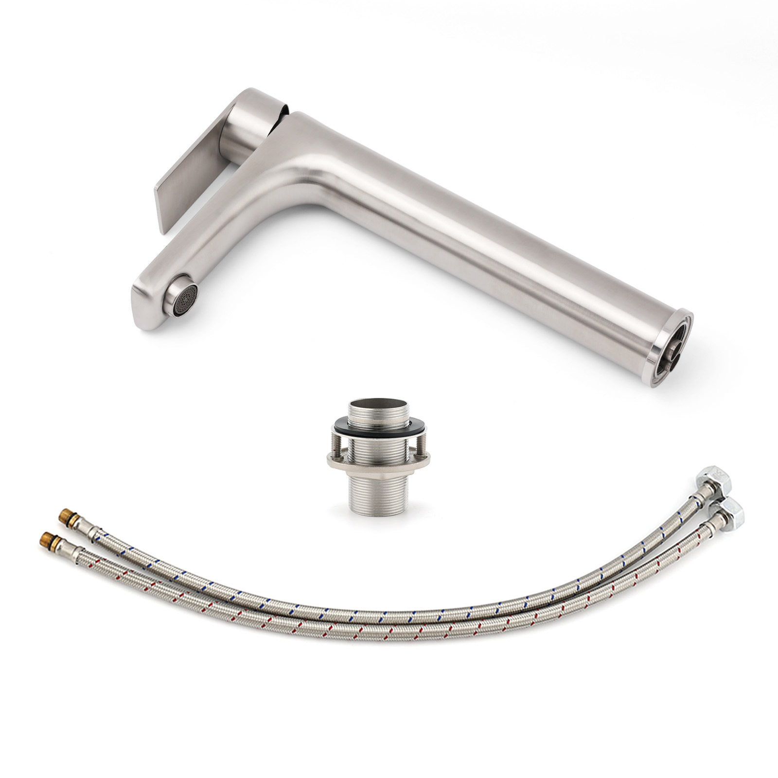 Brushed Nickel Rounded Edge Tall Basin Mixer Kitchen Vanity Faucet Tap Spout Set - Image 6