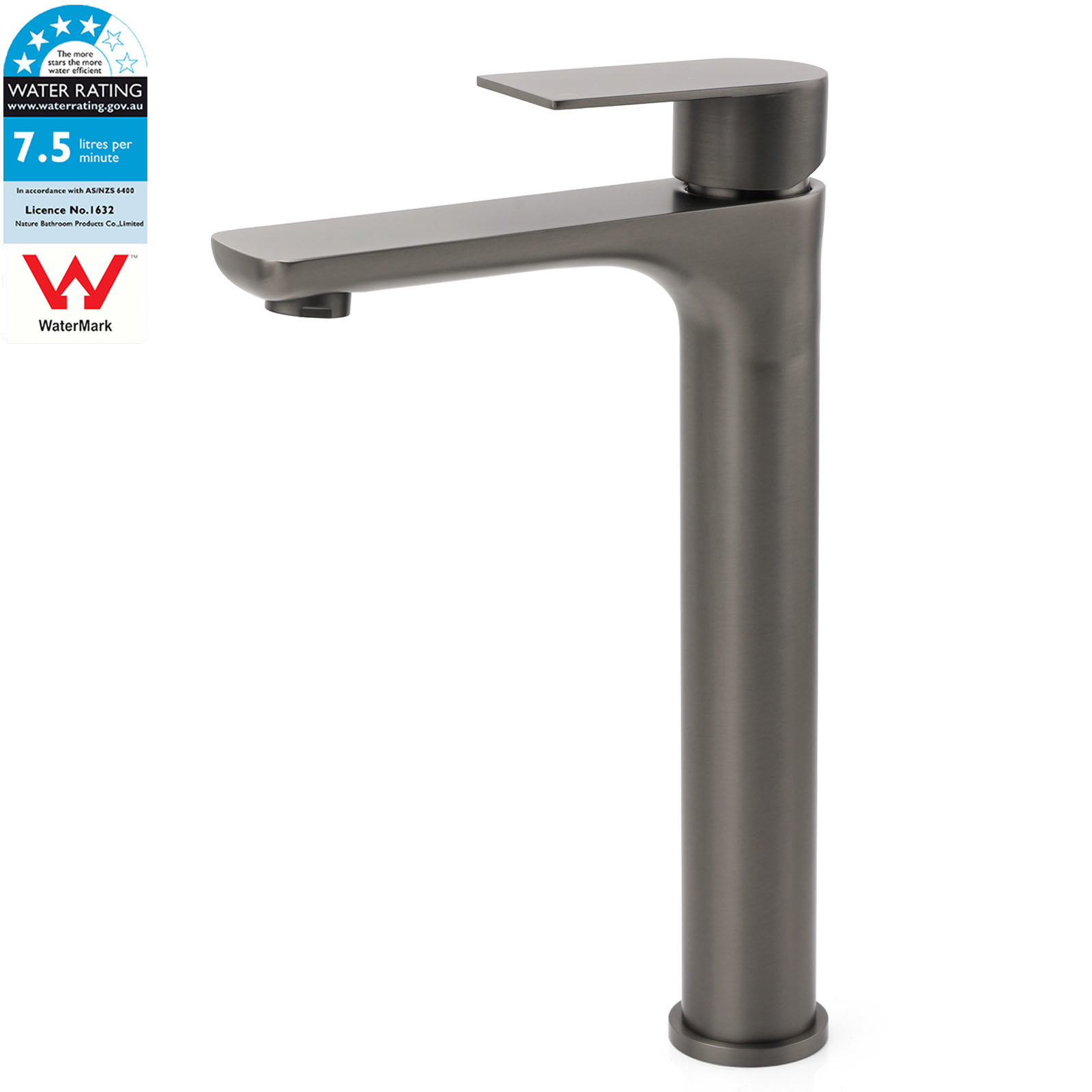 WELS Gun Metal Grey Round High Rise Basin Mixer Bathroom Vanity Faucet Tapware - Image 1