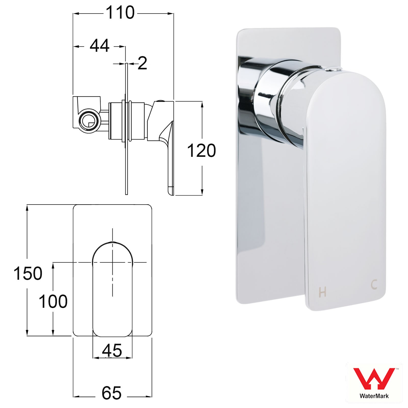 Chrome Square Lever Handle Shower Mixer Hot Cold Water Valve Watermark Standard - Image 2
