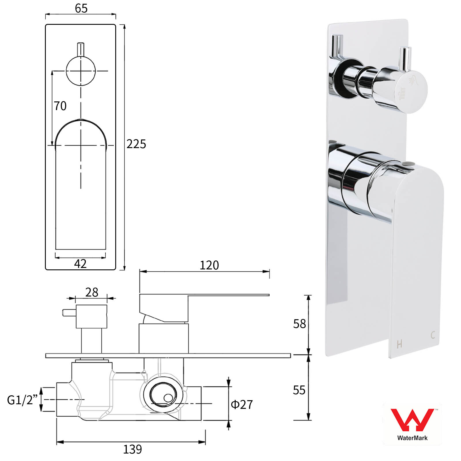 Watermark Chrome Square Shower Mixer Diverter Tap Valve For Shower Combo Spout - Image 2