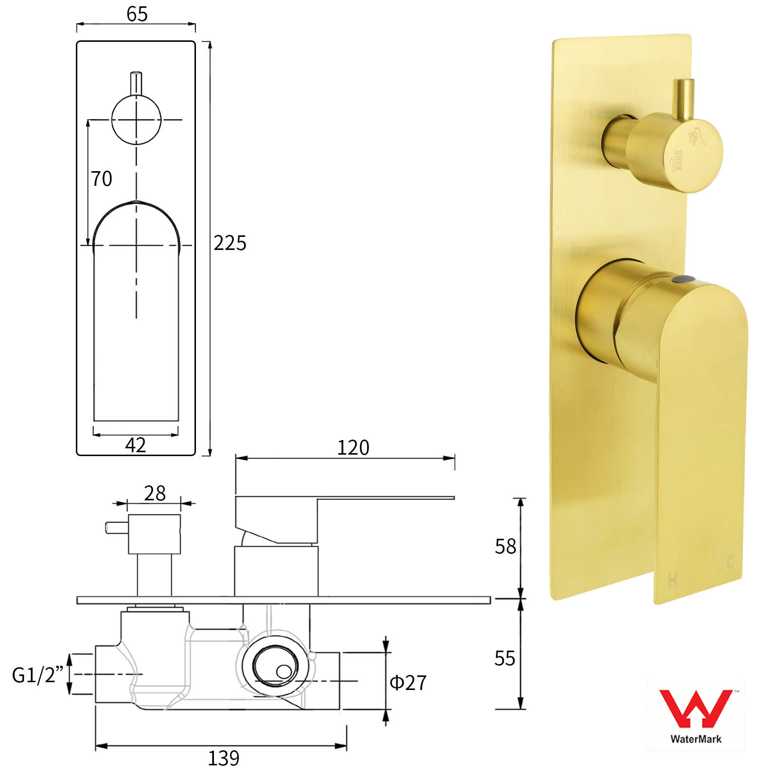 Brushed Gold Bathroom Square Concealed Shower Mixer Diverter Switch Wall Mounnt - Image 2