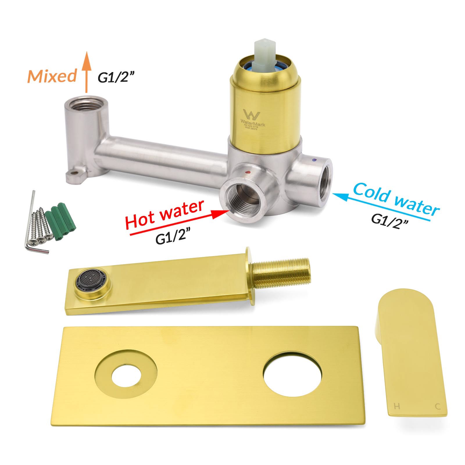 Brushed Gold Cubic Square Wall Mount Basin Mixer Laundry Tap Spout Vanity Faucet - Image 7