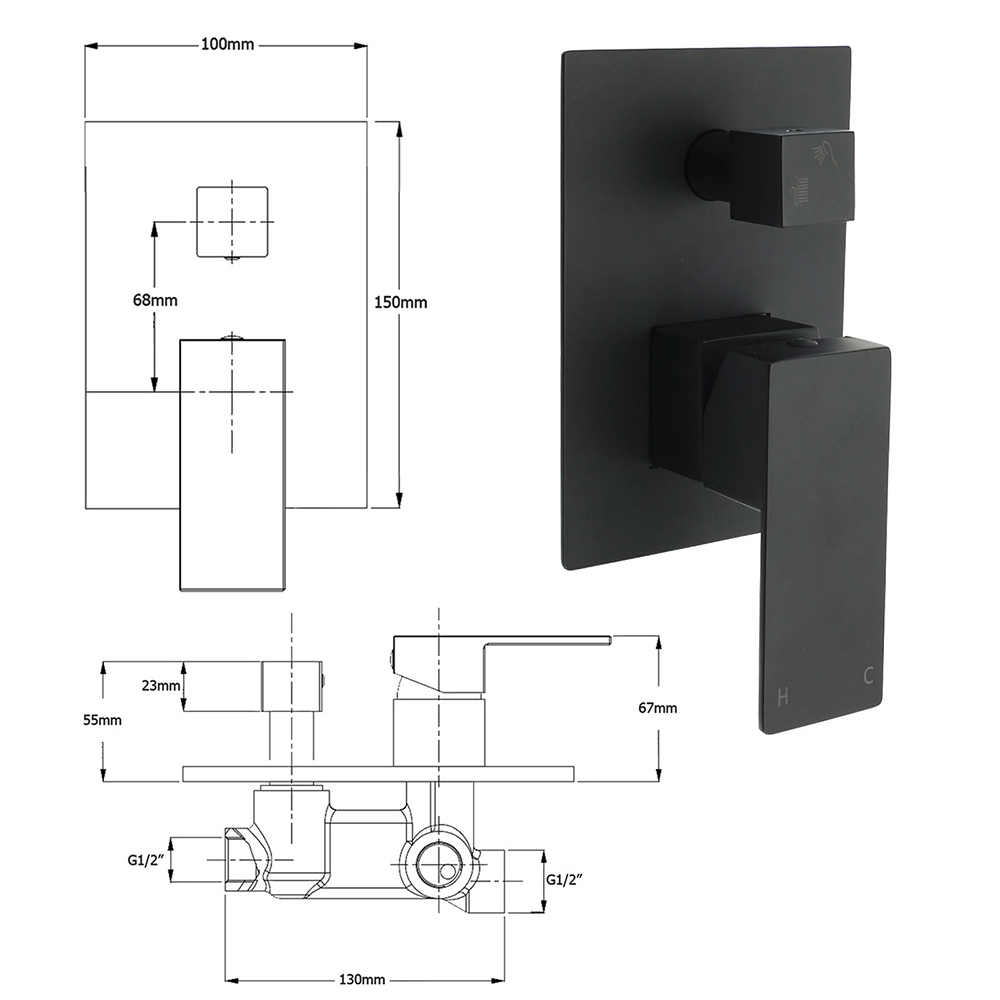 Matt Black Square Stainless Steel Shower Mixer 2 Way Bath Set Diverter Watermark - Image 2
